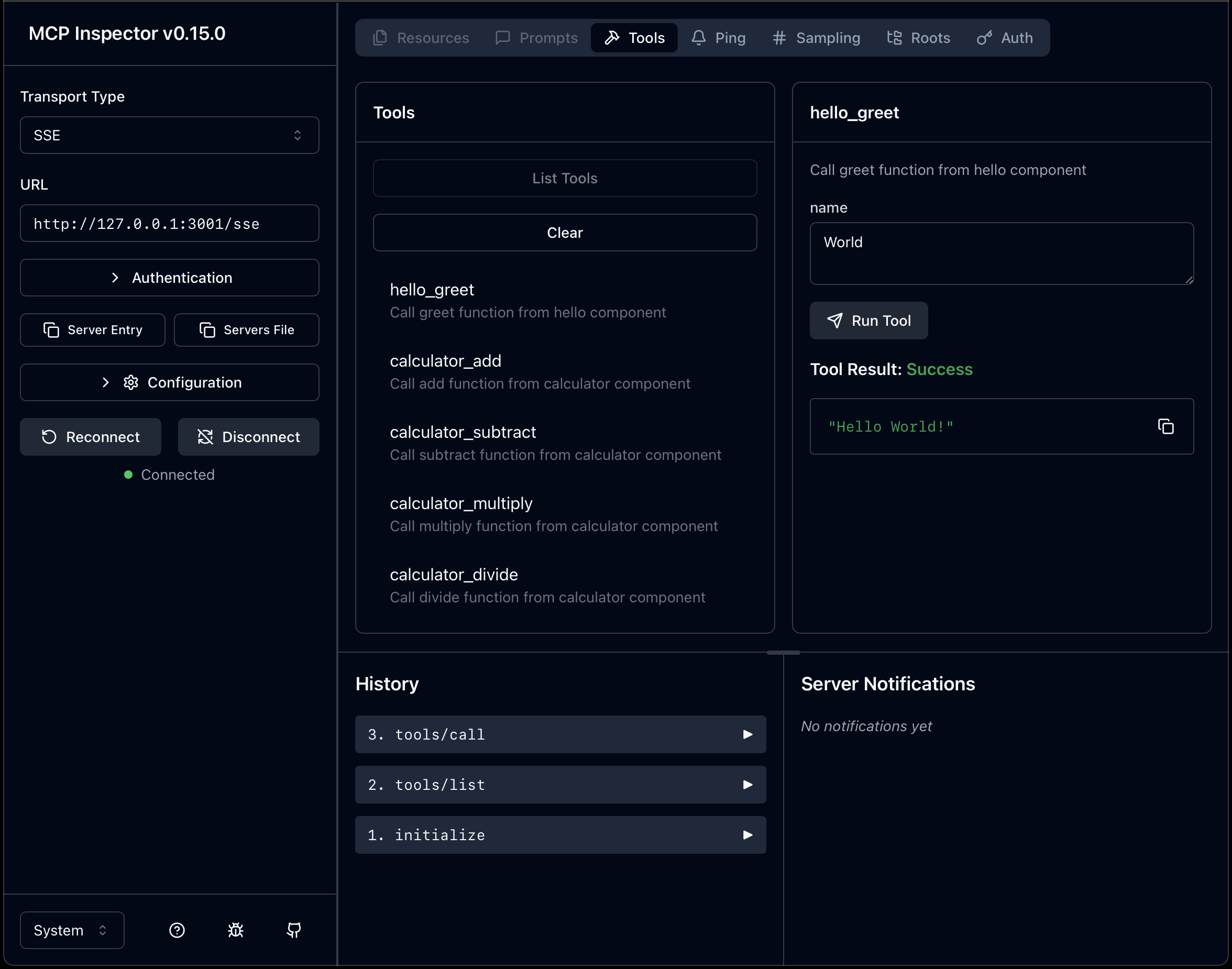 MCP Inspector with Components as Tools
